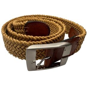 Tommy Bahama Woven Belt Tan Rope Braided Leather Trim Size 36 Made Spain 1.4”